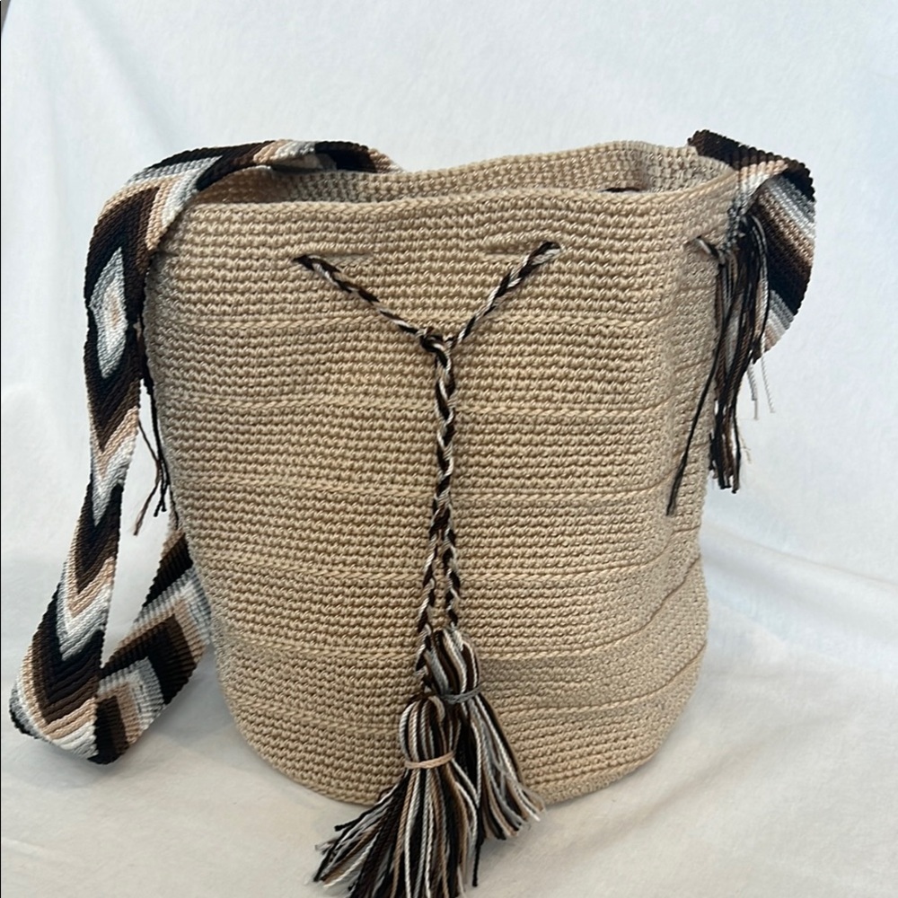 Elegant Cream and Black Handcrafted Bucket Bag